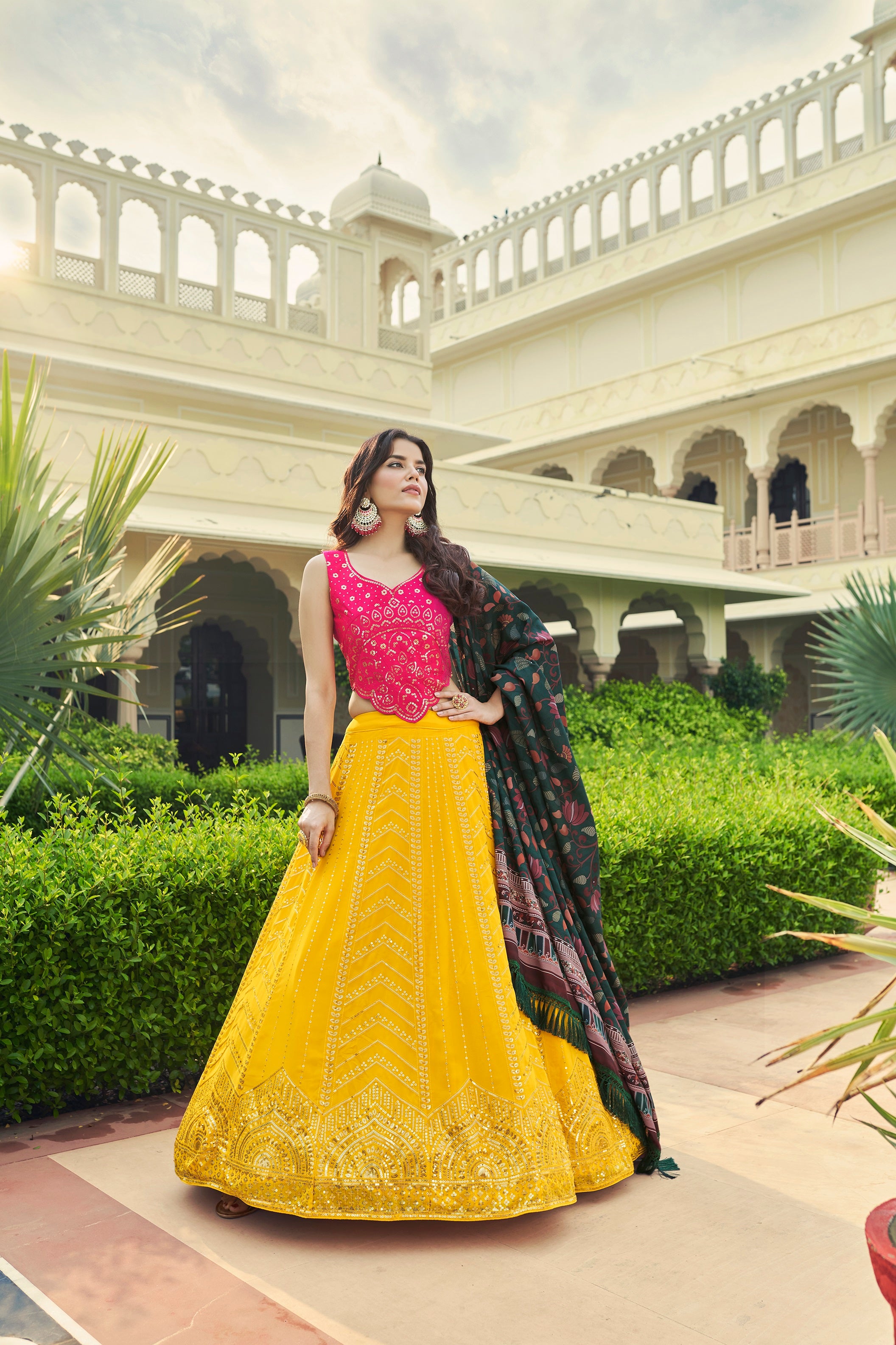 Luxuriant Sequence Embroidery Work Yellow With Pink Lehenga Choli