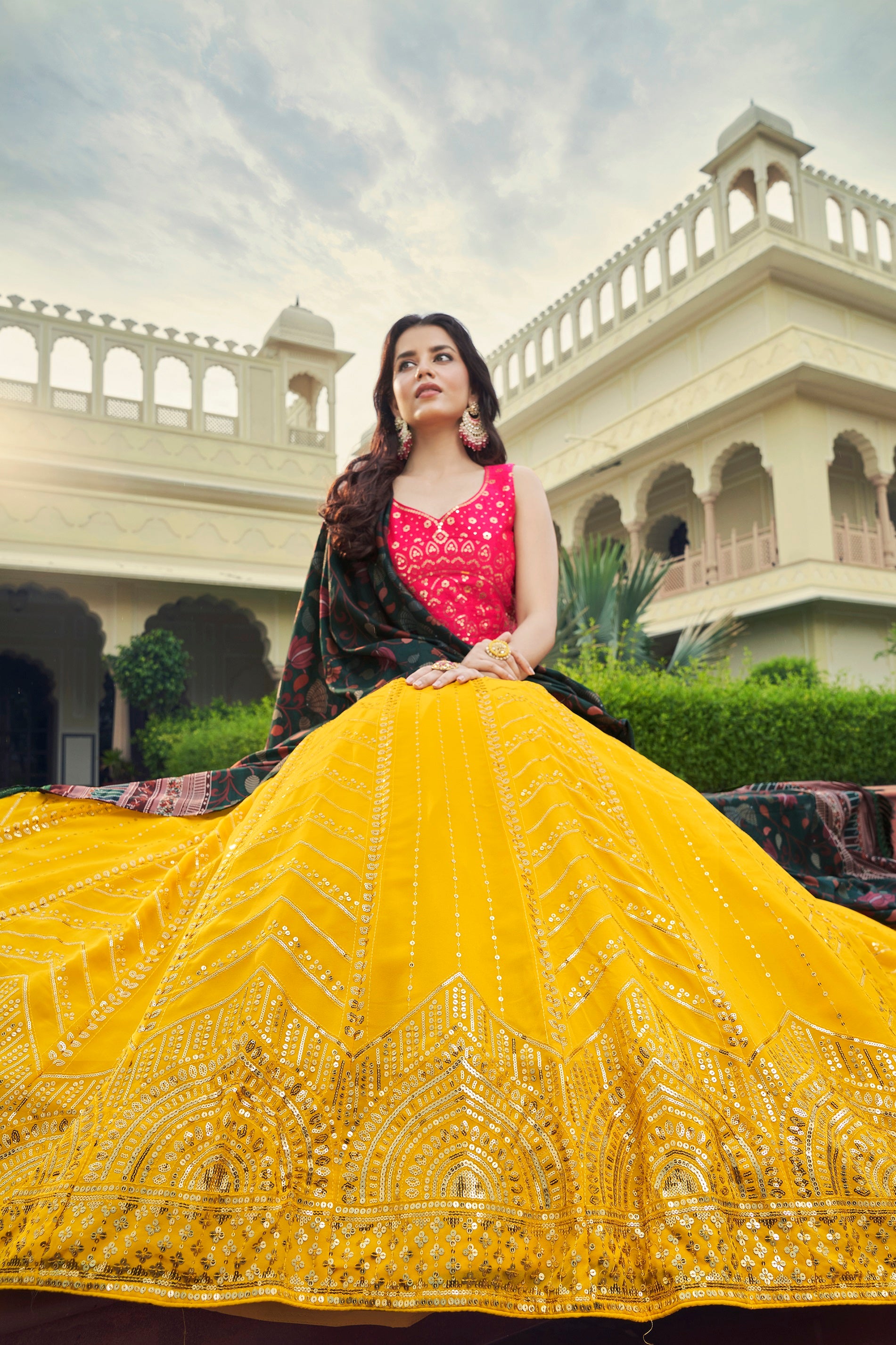 Luxuriant Sequence Embroidery Work Yellow With Pink Lehenga Choli