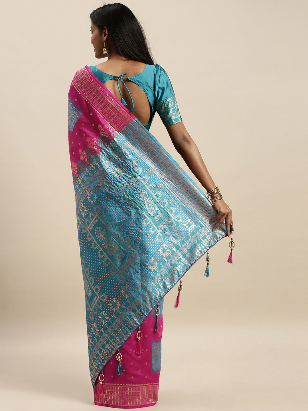 Fashionable Pink And Blue Color Banarasi Silk Saree