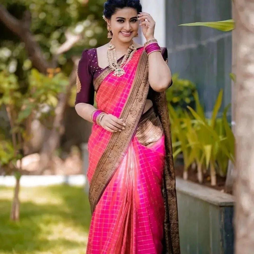 Pink With Wine Color Jacquard Border Soft Lichi Silk Party Wear Saree