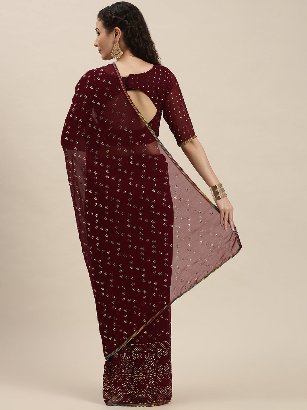 Maroon Color Silver-Toned Embroidered Saree