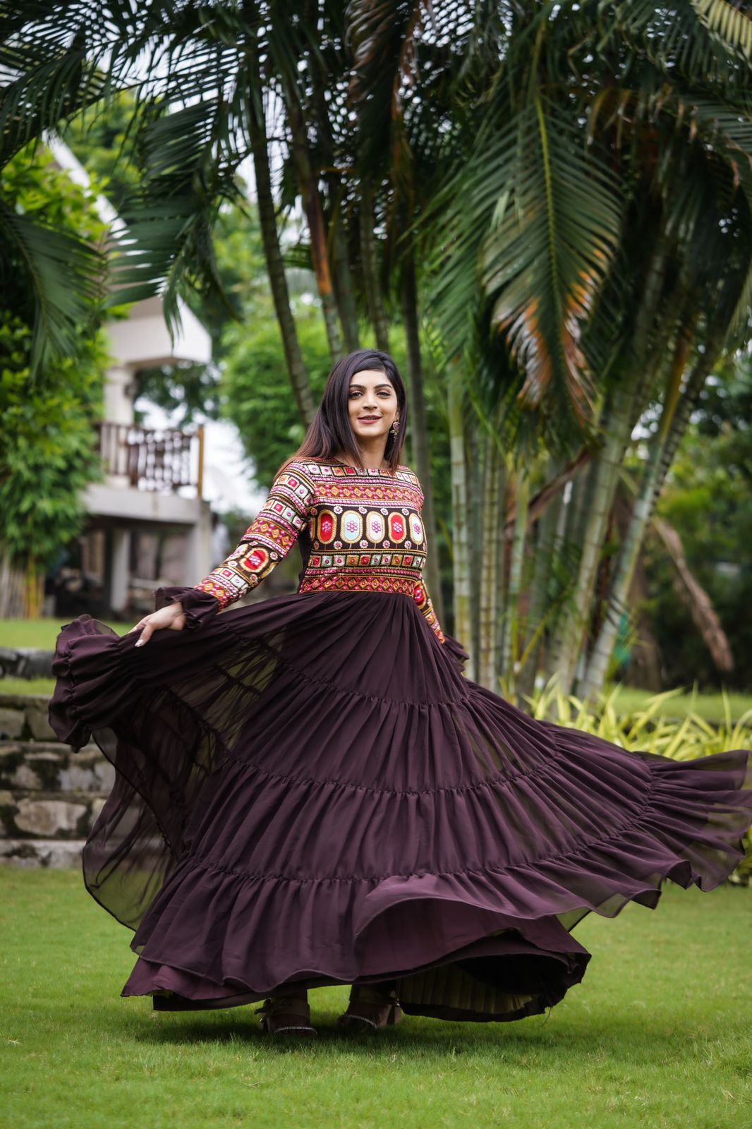 Ruffle Style Brown Color Sequence Thread Work Gown