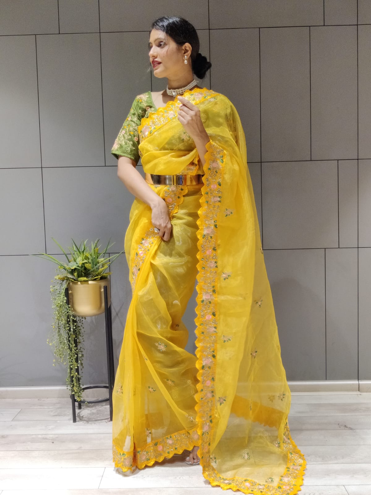 Yellow Color Coding & Sequins Work Ready To Wear Organza Saree