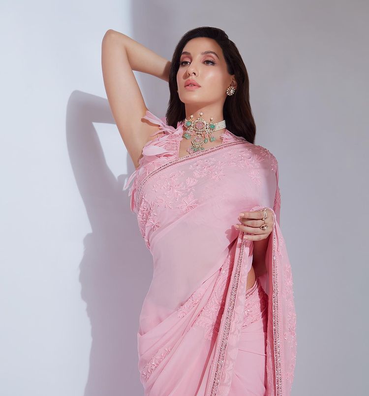 Nora Fatehi Wear Pink Color Cotton Thread Work Saree
