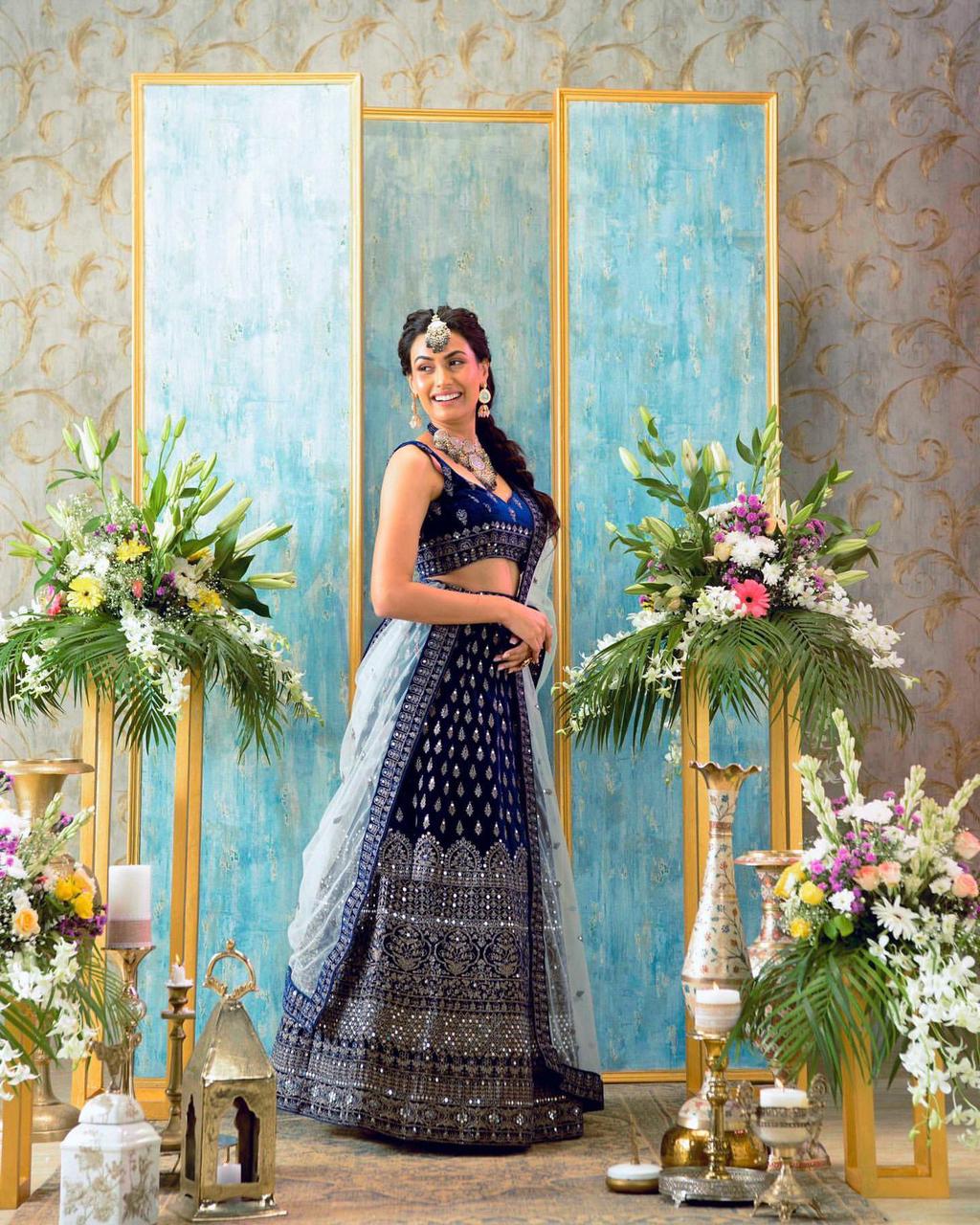 Glorious Blue Color Heavy Embroidery work Velvet Lehenga Choli