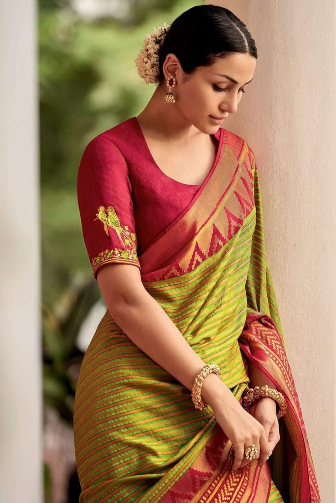 Stylish Parrot Green With Red Banarasi Silk Saree