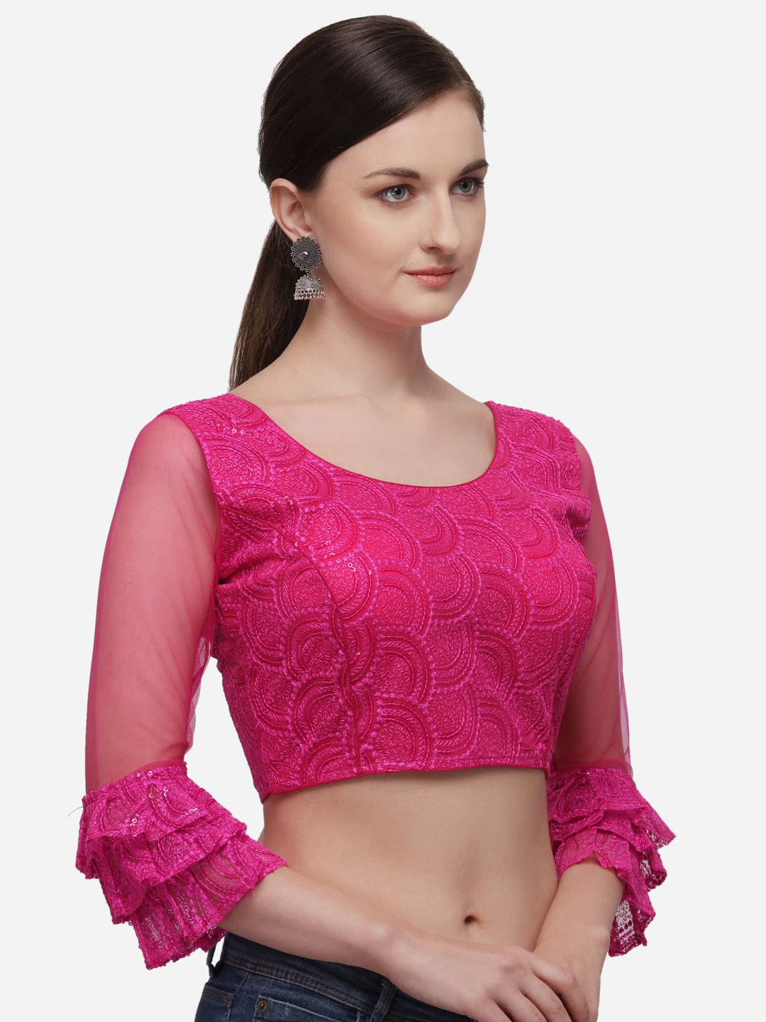 Ruffle Sleeve Pink color Embriodered Net Blouse