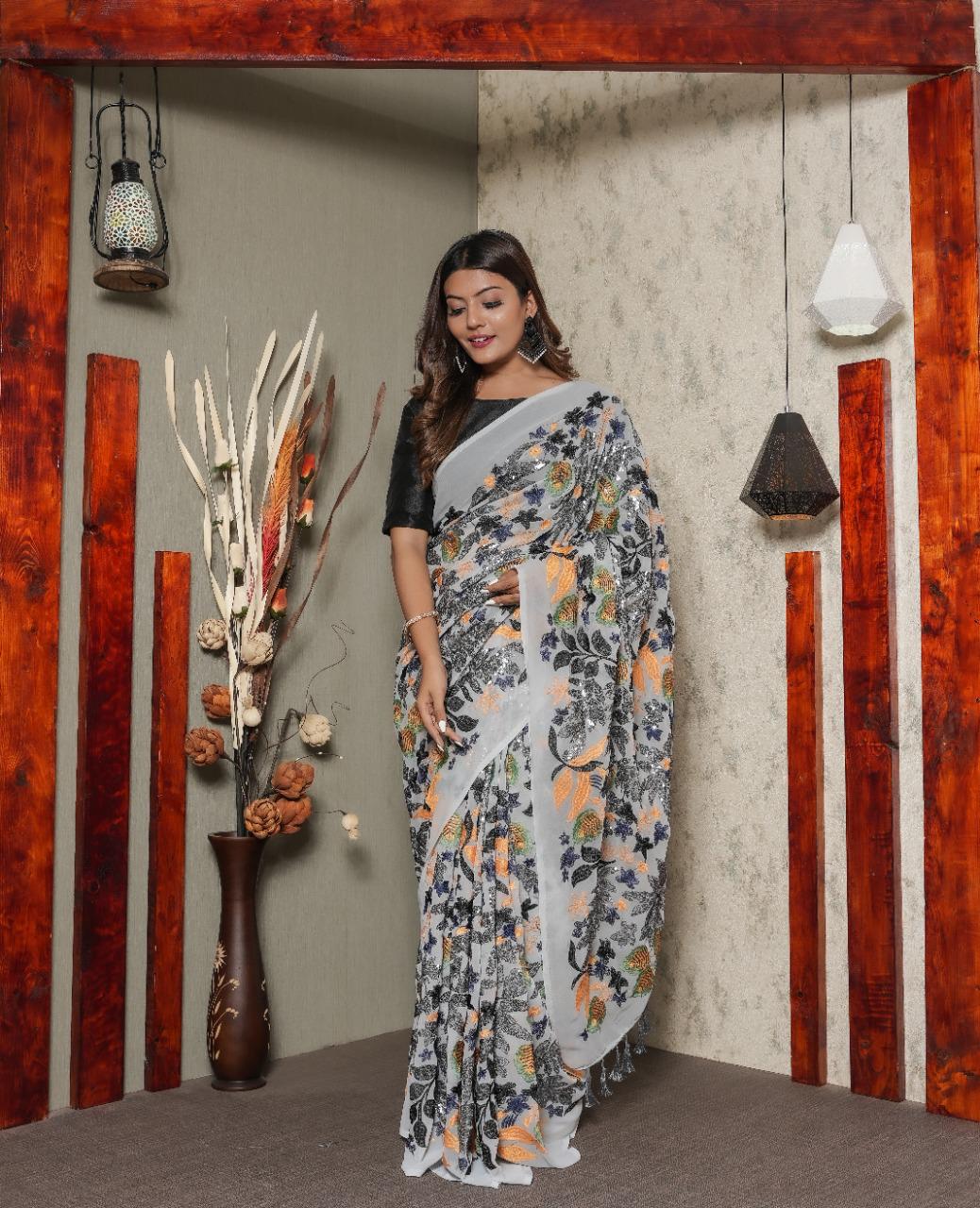 Heavy Multi-embroidered Sequence Work White Color Saree