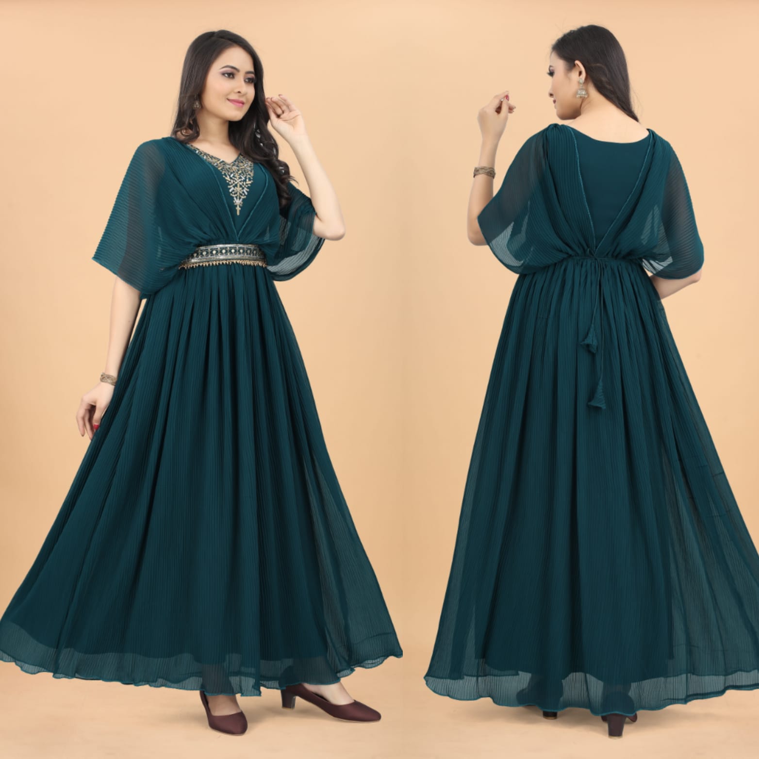 Teal Blue Color Fancy Pleated Designer Gown