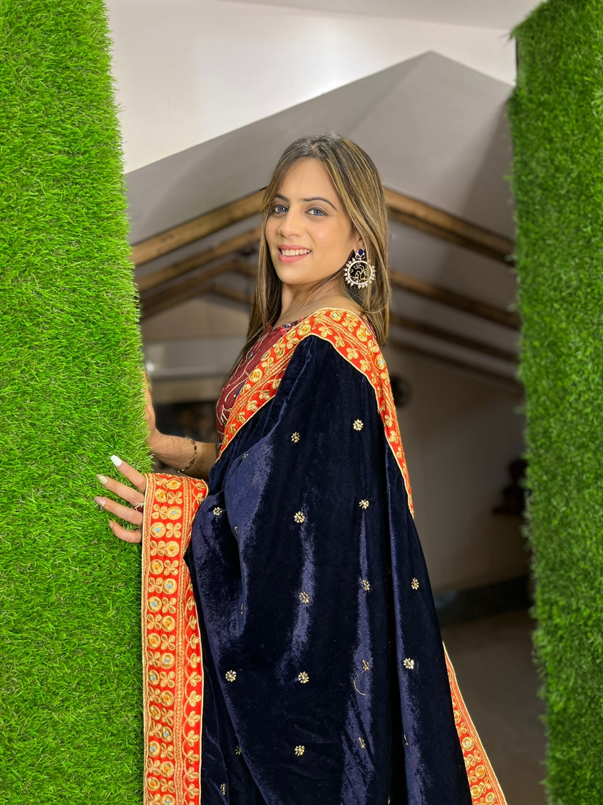 Navy Blue Color Embroidery Lace Border Velvet Saree