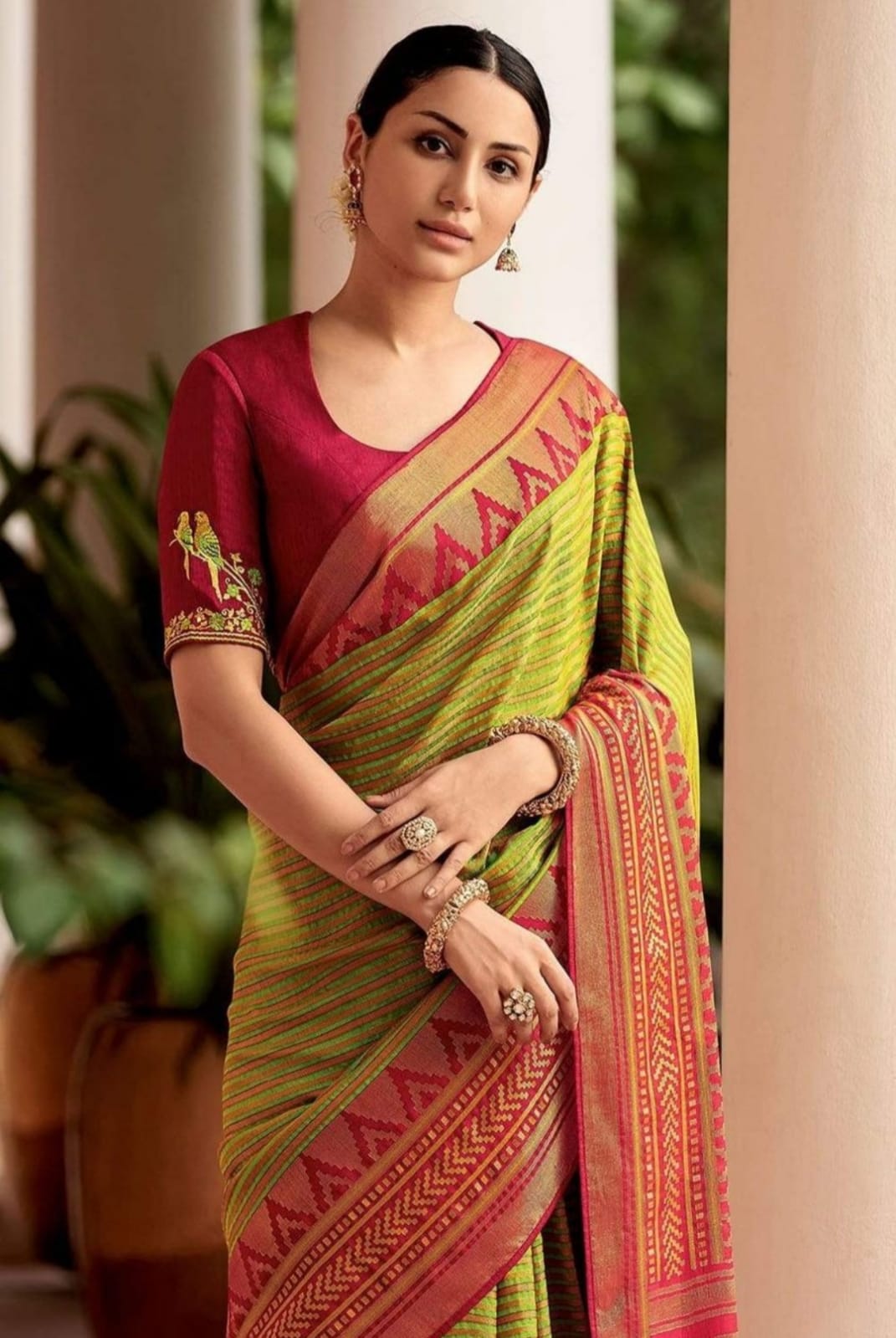 Stylish Parrot Green With Red Banarasi Silk Saree