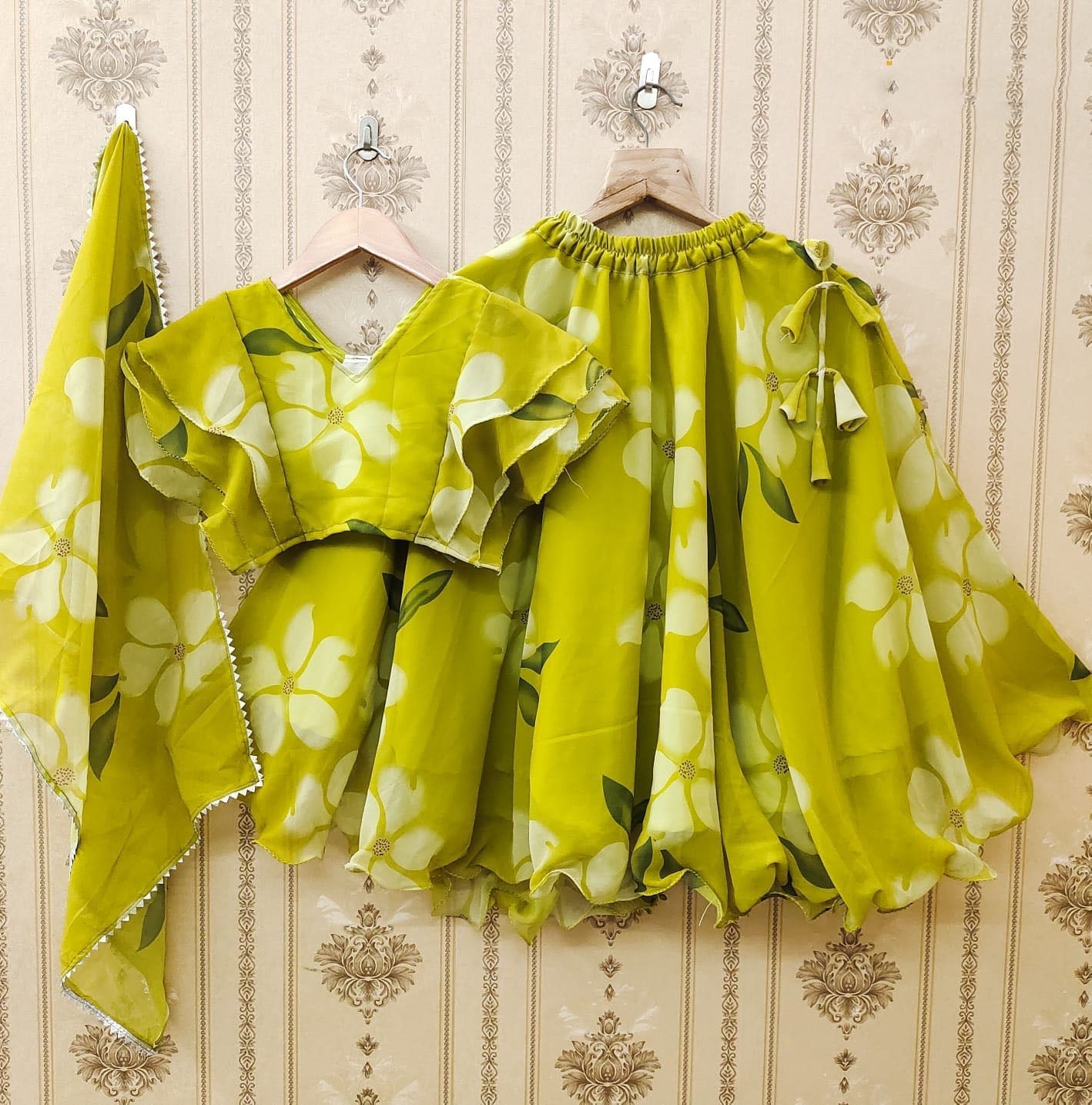 Kid's Parrot Green Color Flower Print Lehenga With Top