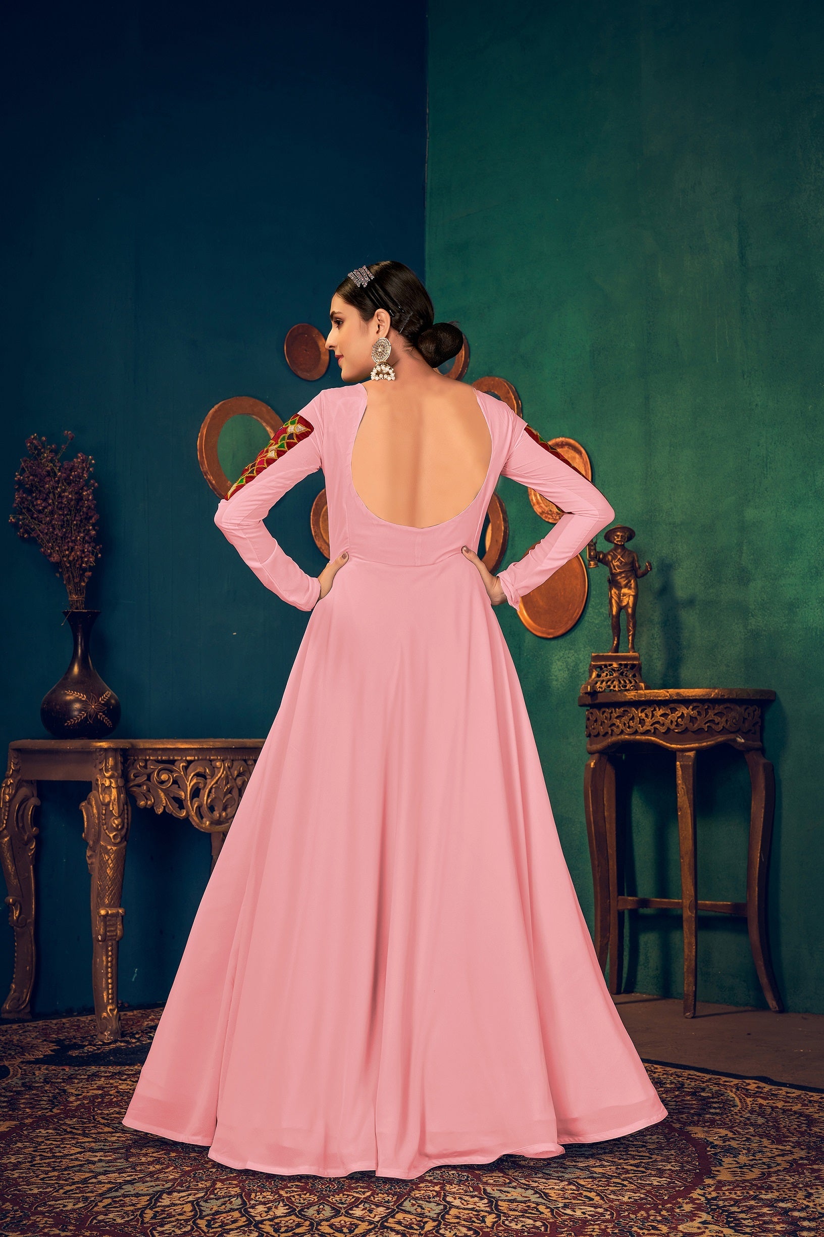 Stylist Pink Embroidered With Real Mirror Pearl Work With Waist Belt Gown