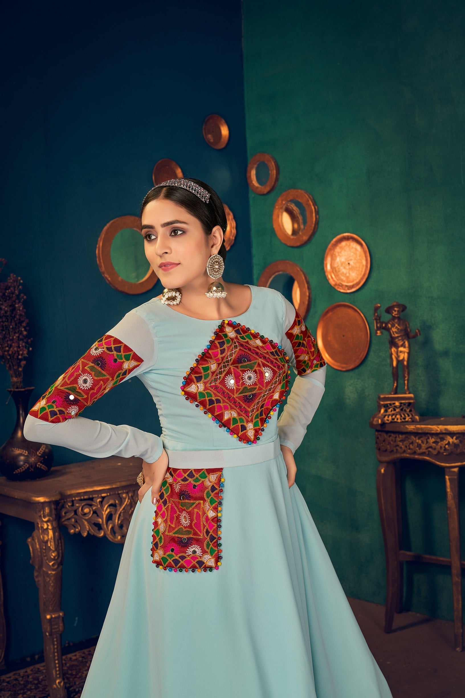 Adorable Sky Blue Embroidered With Real Mirror Pearl Work With Waist Belt Gown