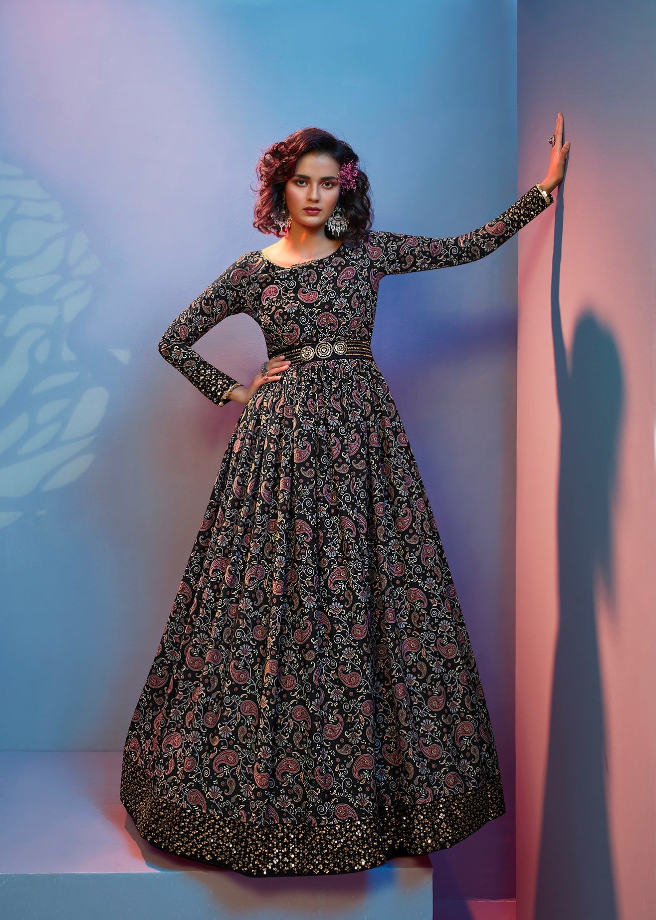 Stunning Black Color Embroidery Sequence Printed Gown With Belt