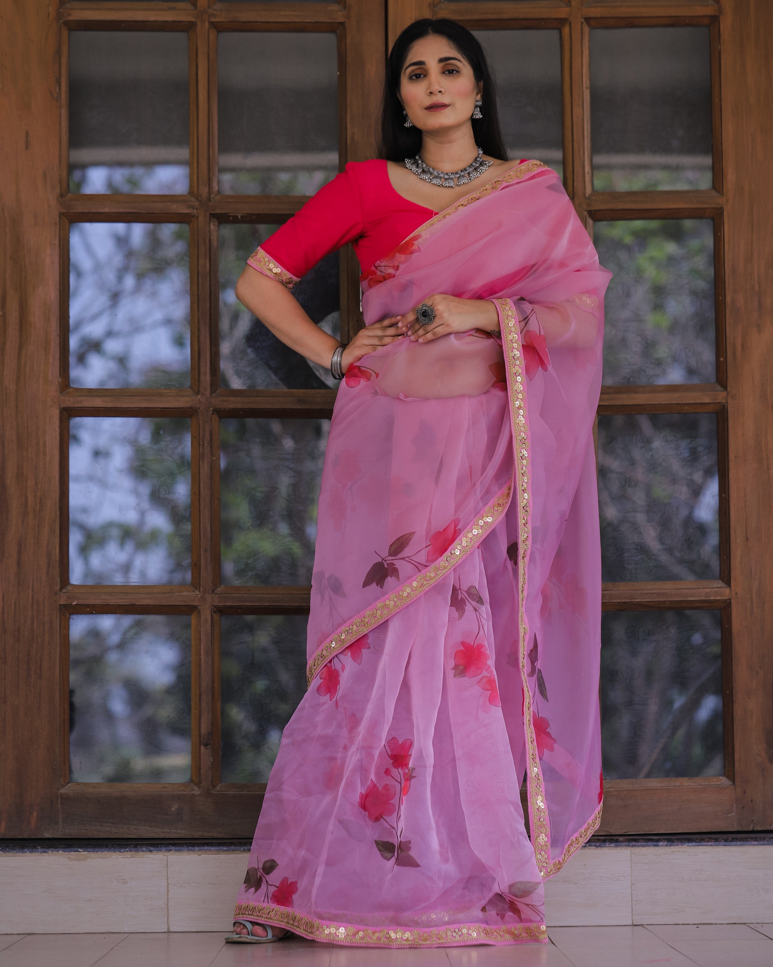 Pink Color Lace Work Flower Print Organza Saree