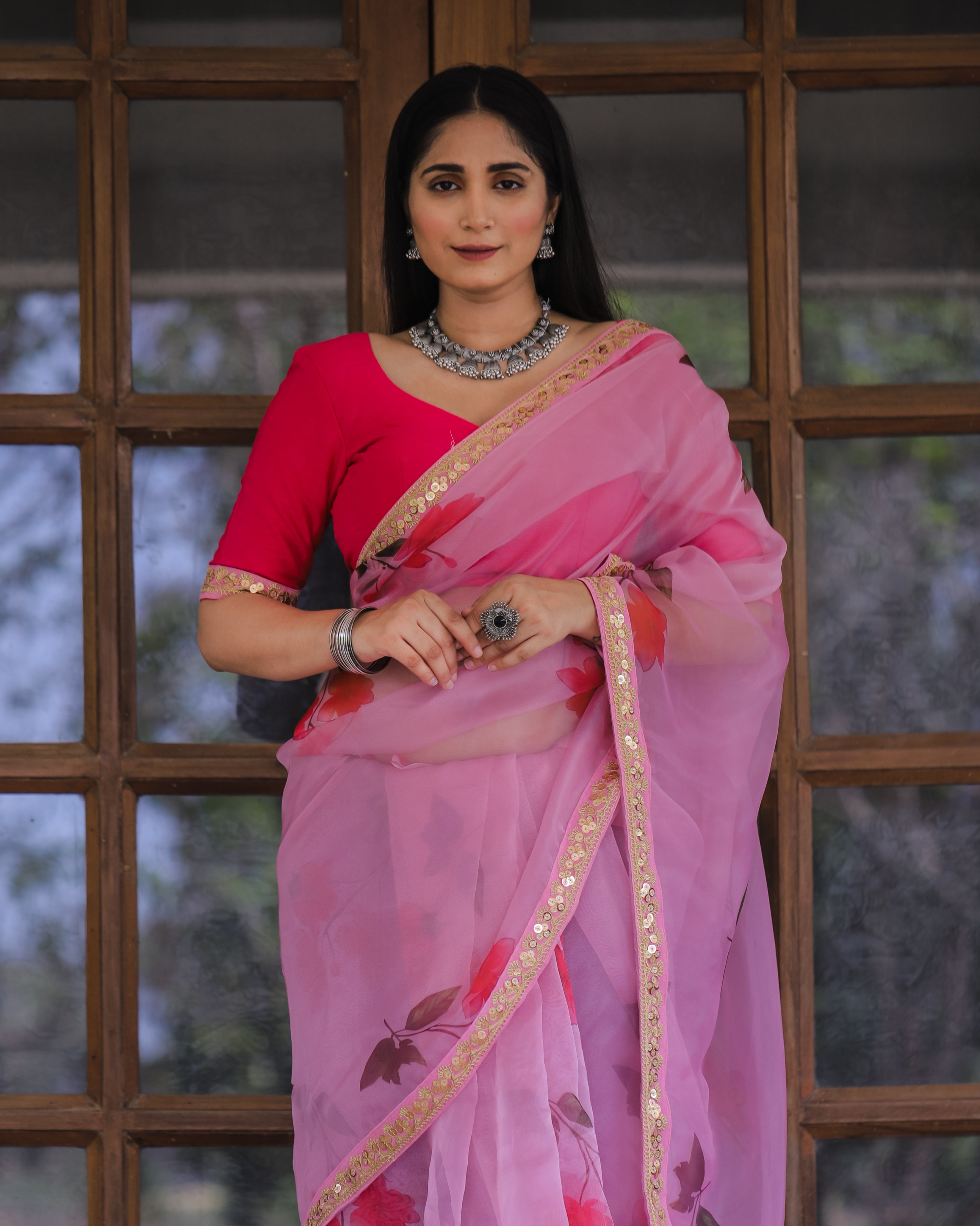 Pink Color Lace Work Flower Print Organza Saree