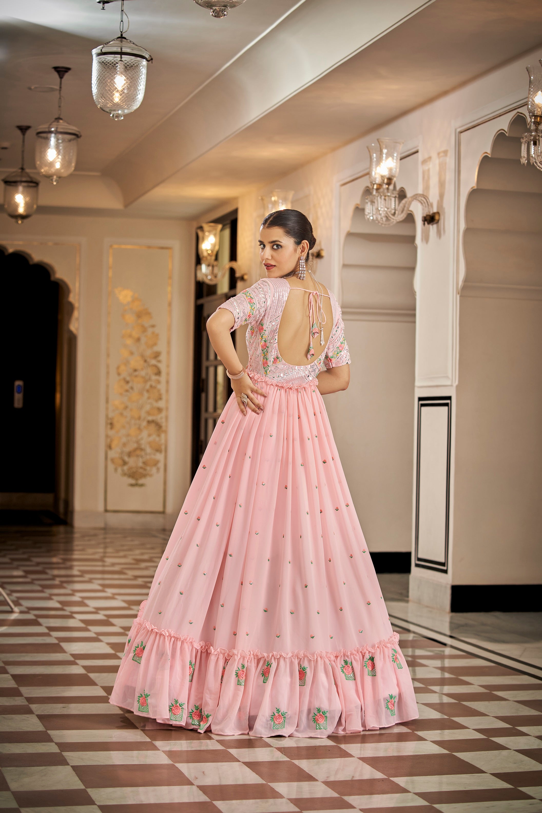 Party Wear Pink Color Thread & Sequins Embroidered Work Anarkali Gown