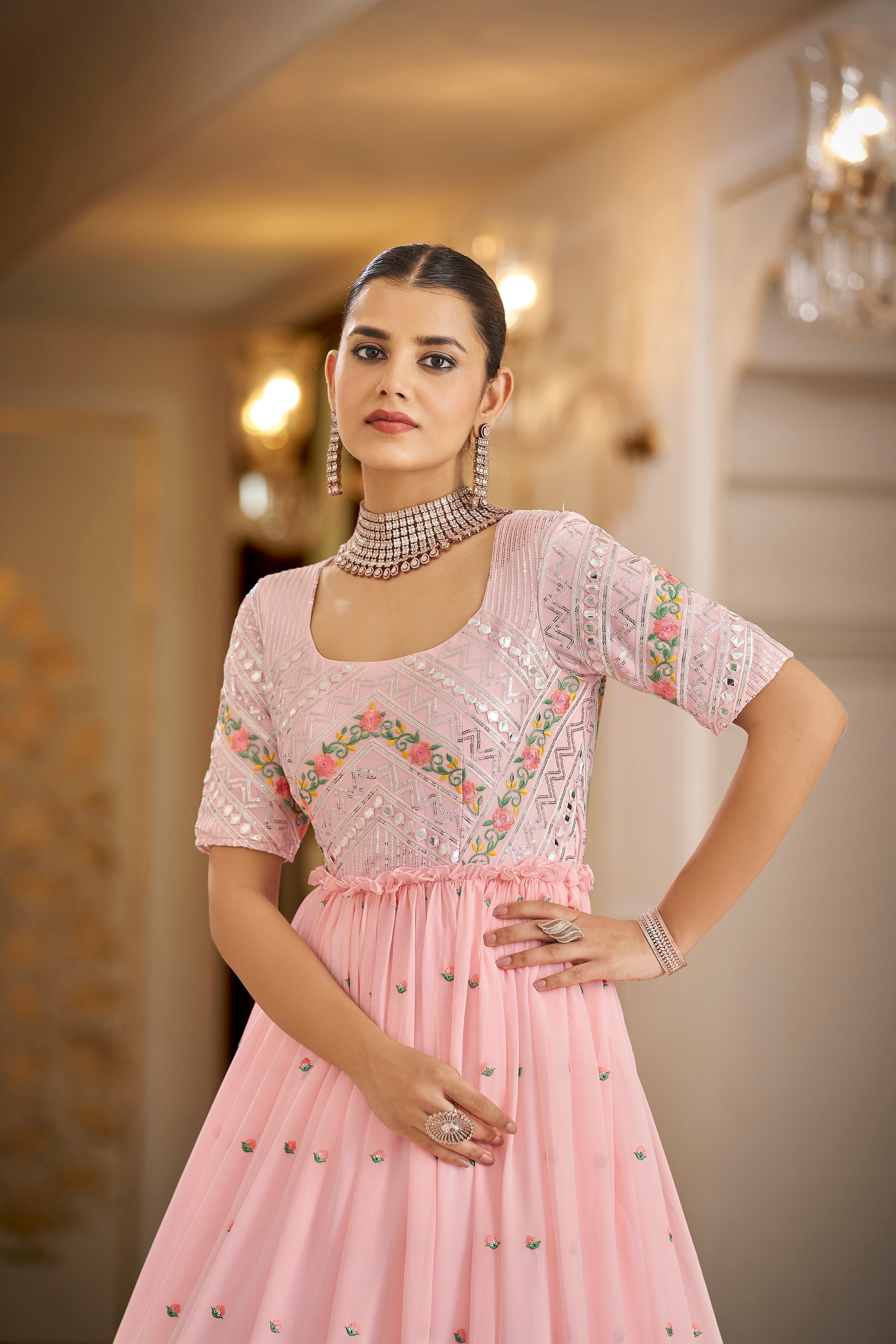 Party Wear Pink Color Thread & Sequins Embroidered Work Anarkali Gown