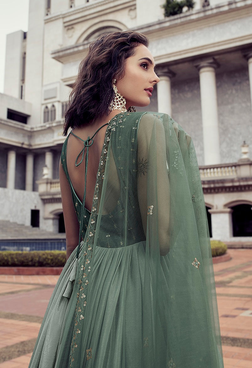 Pista Green Color Sequence Embroidered Work Shaded Anarkali Gown