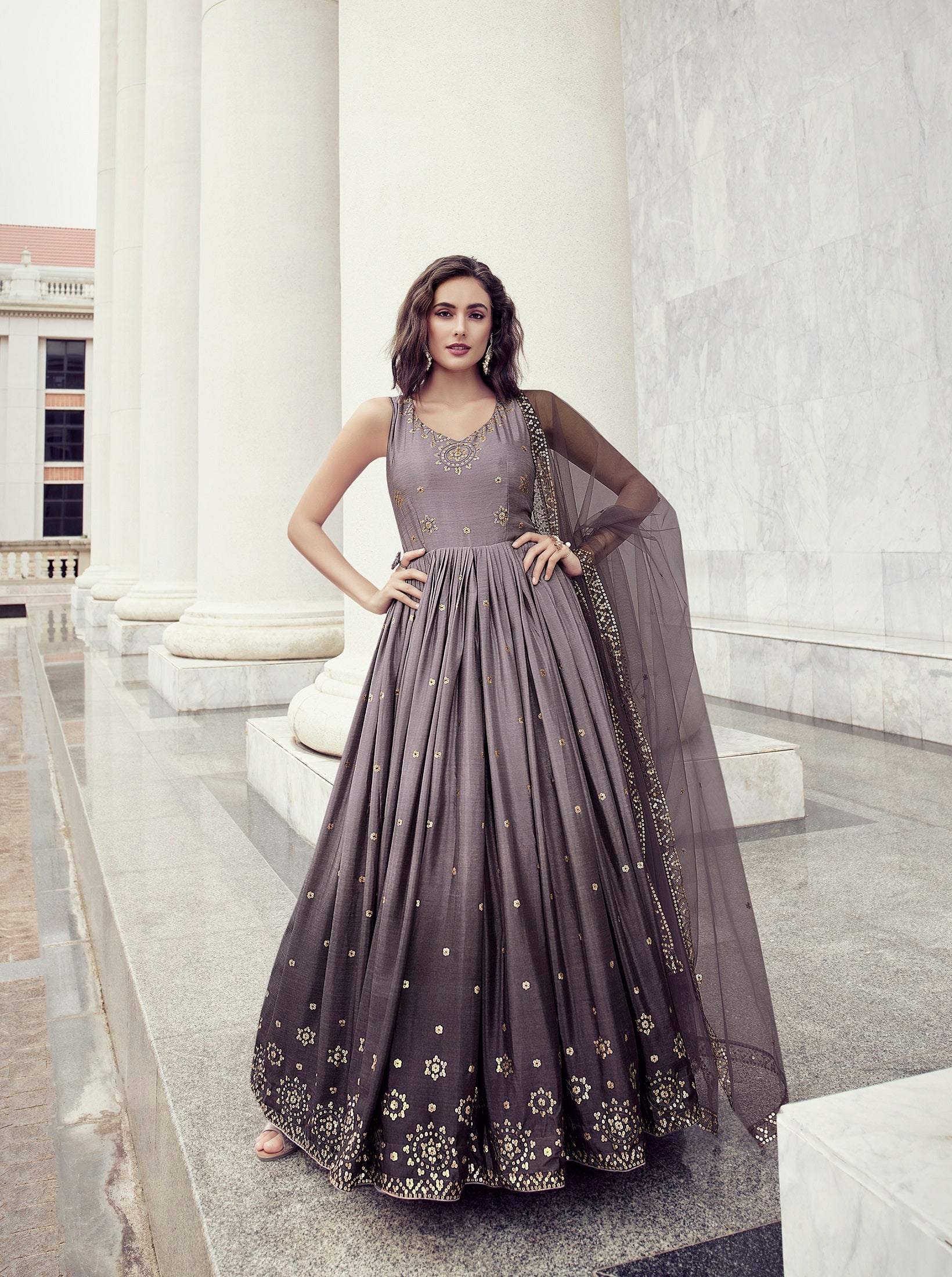 Dusty Color Sequence Embroidered Work Shaded Anarkali Gown