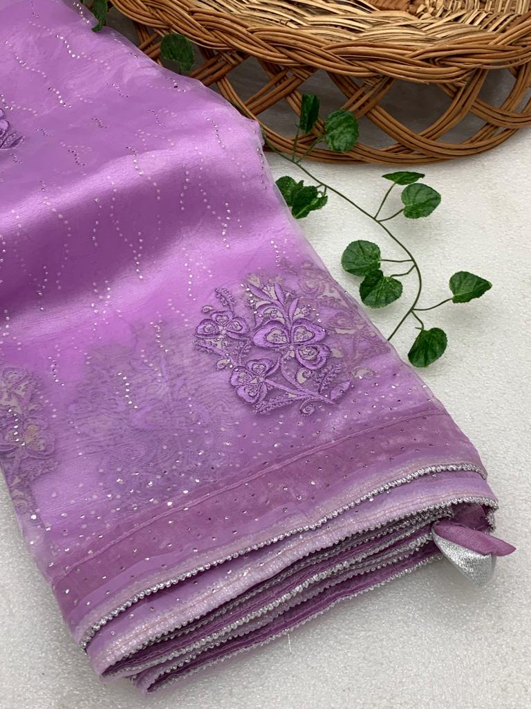 Lavender Color Embroidery & Mukesh Work Organza Silk Saree