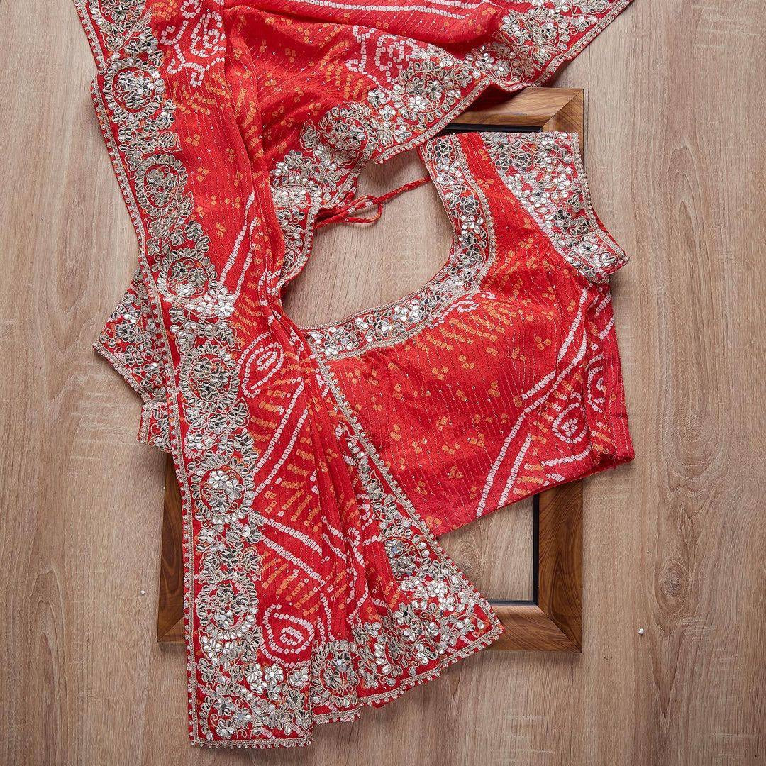 Bandhani Print Red Color Crochet Work Saree