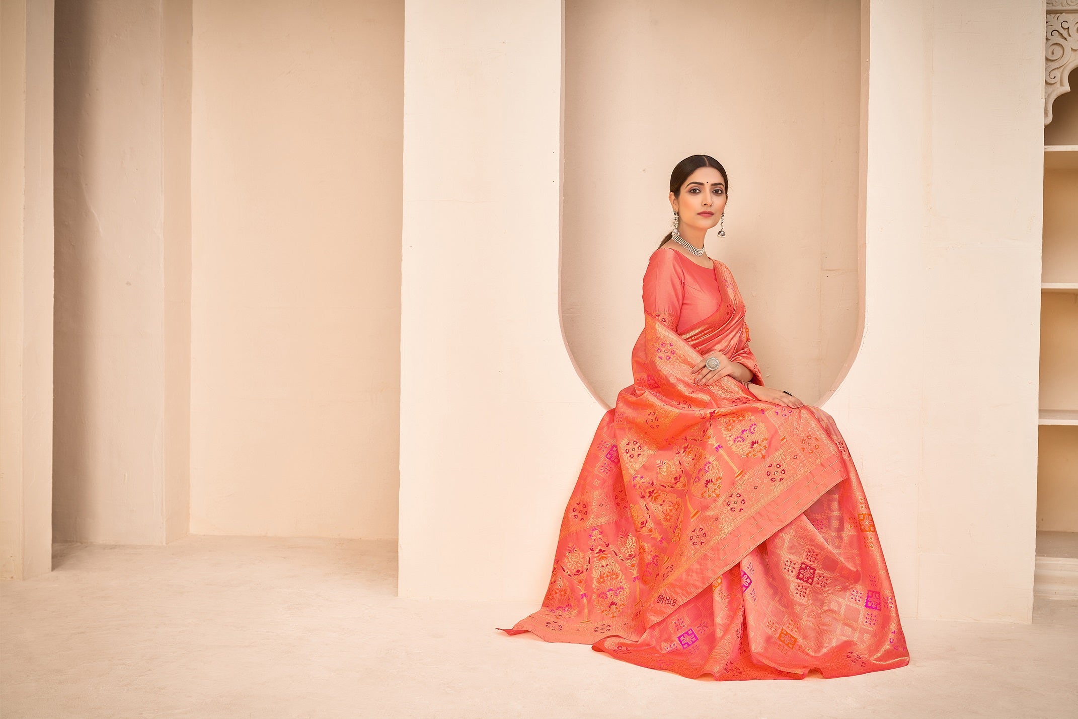 Ravishing Peach Color Banarasi Silk Saree