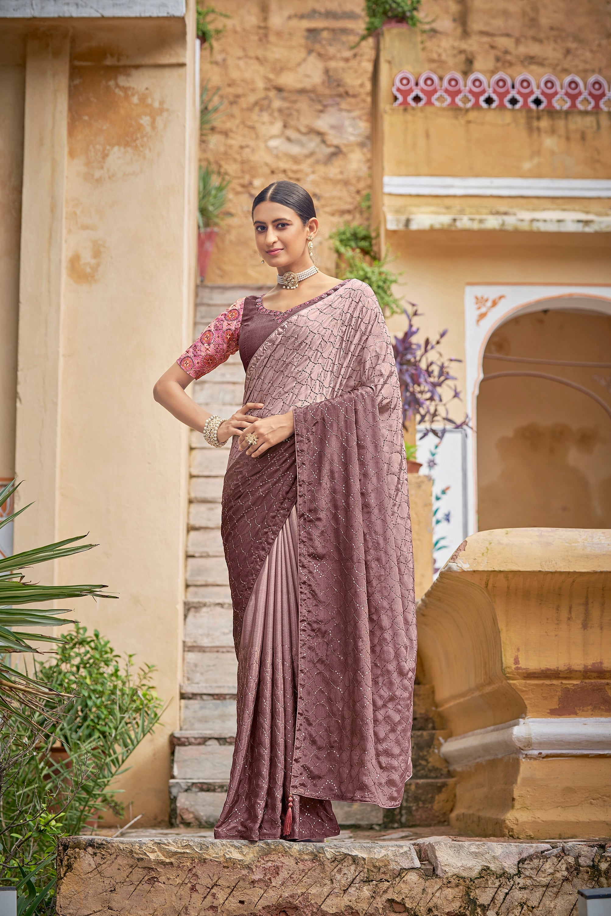 Fancy Dusty Pink Color Sequence Thread Work Chinon Saree