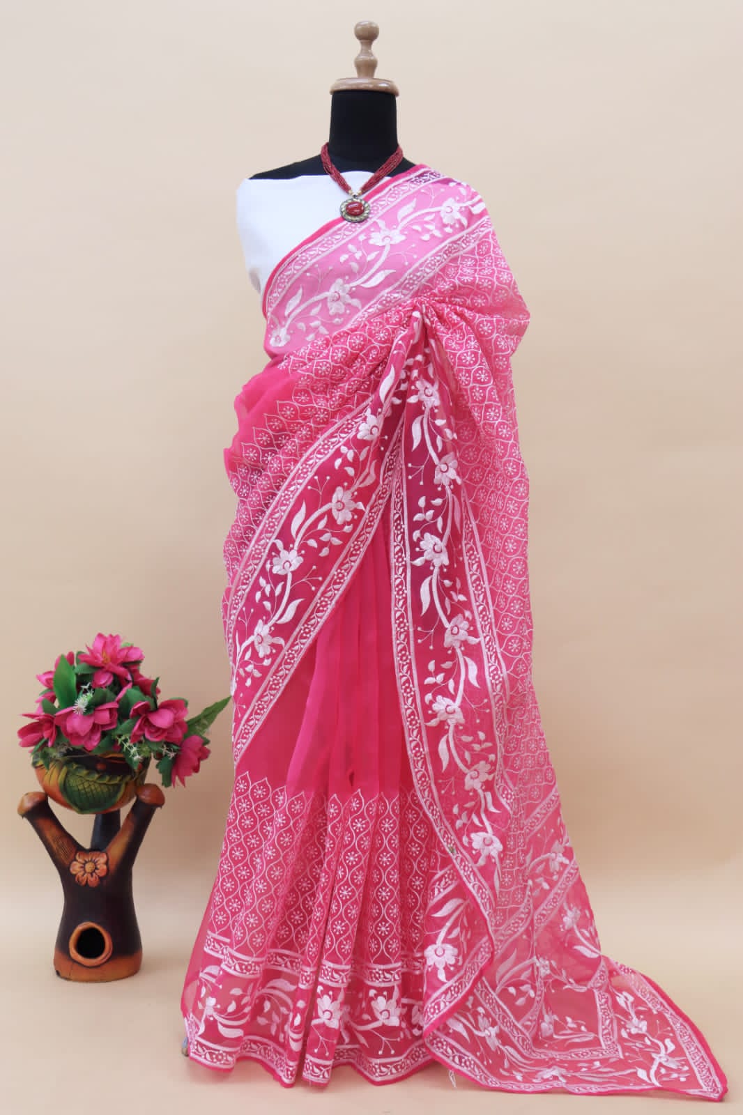 Trending Fancy Pink Color Embroidery Work Organza Silk Saree
