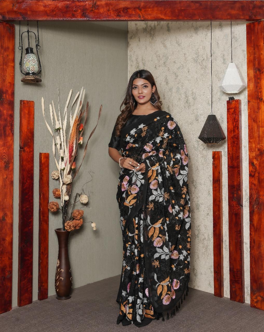 Heavy Multi-embroidered Sequence Work Black Color Saree