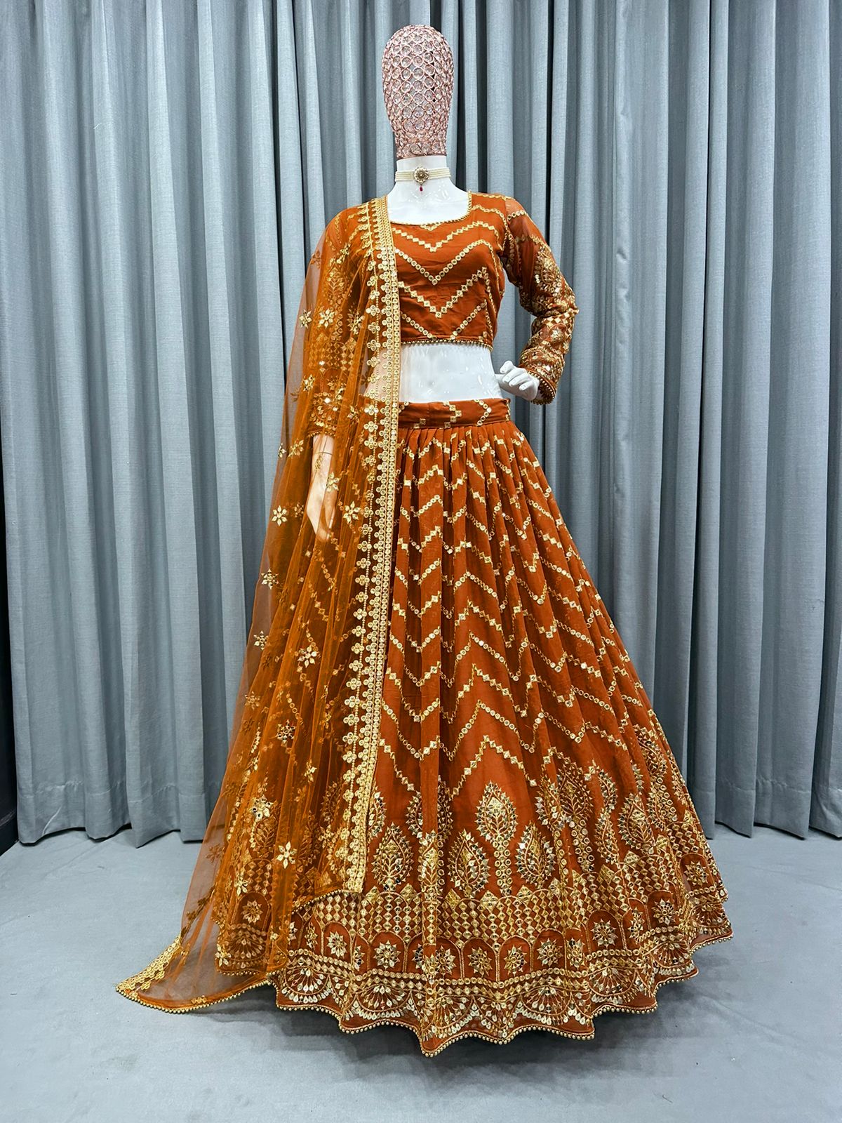Alluring Dusty Orange Color Sequin Work Lehenga Choli
