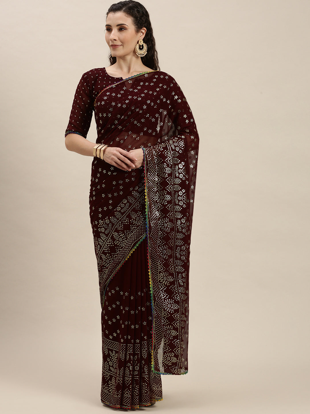 Brown Color Silver-Toned Embroidered Saree