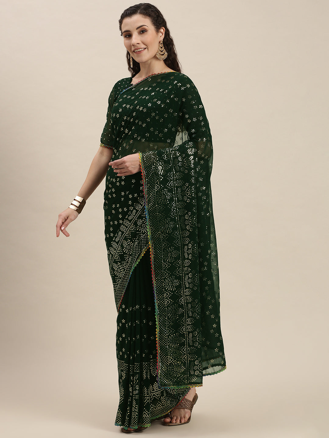 Green Color Silver-Toned Embroidered Saree
