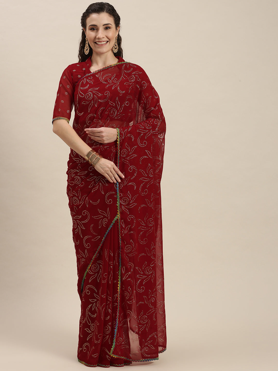 Charming Red Beads and Stones Embroidered  Saree