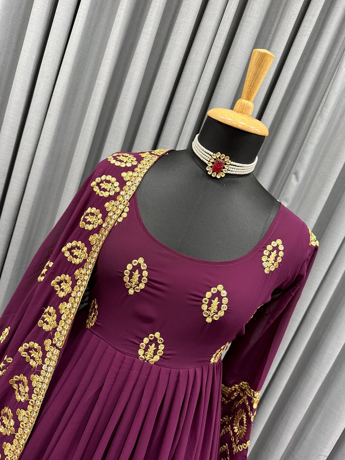 Gorgeous Wine Color Sequence Embroidery Work Gown