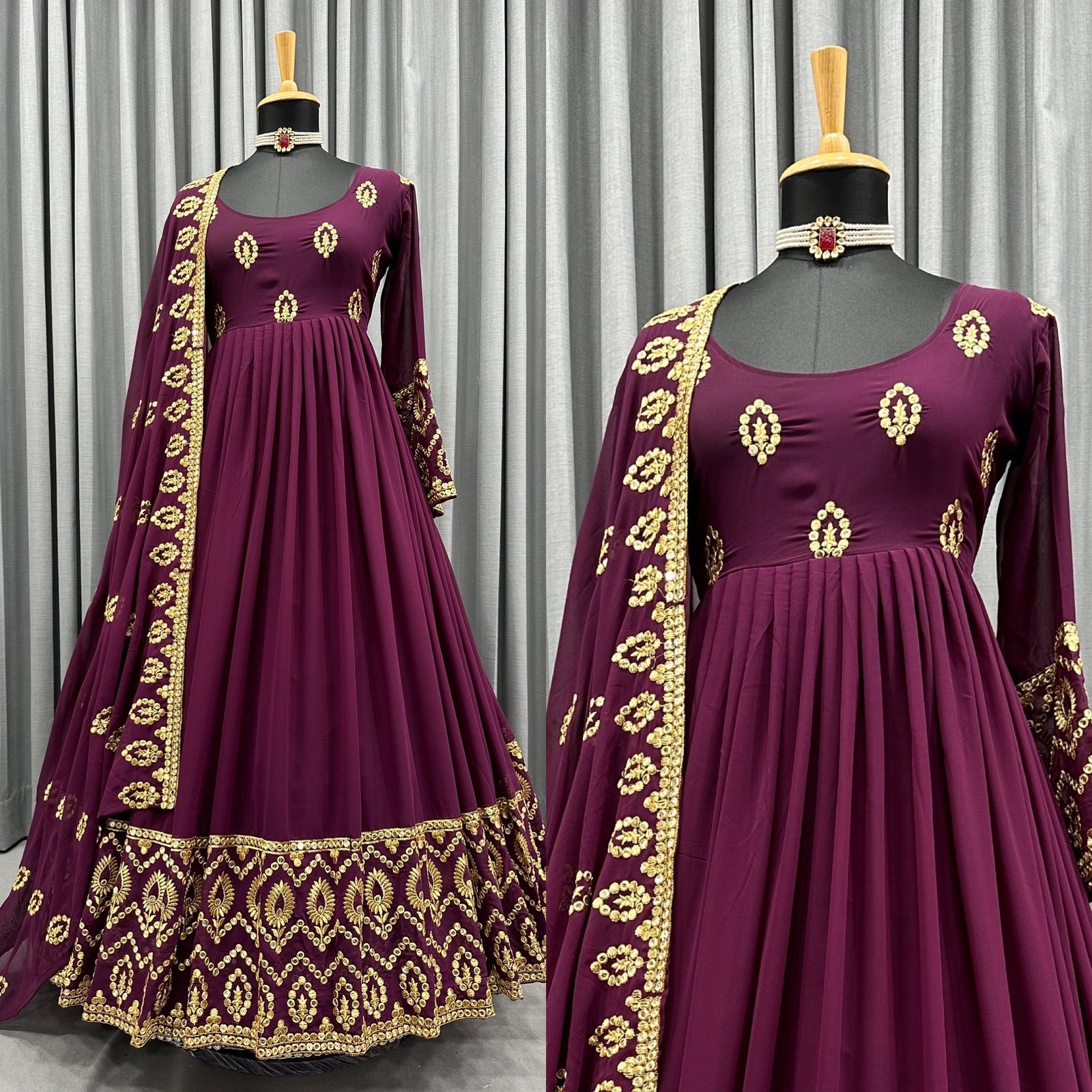 Gorgeous Wine Color Sequence Embroidery Work Gown