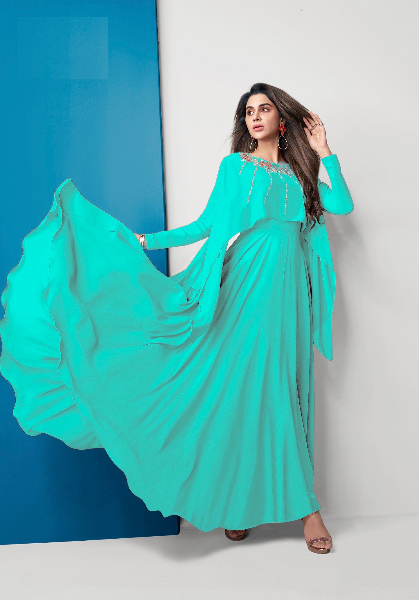 Stylish Aqua Green Color Embroidered Work Georgette Gown