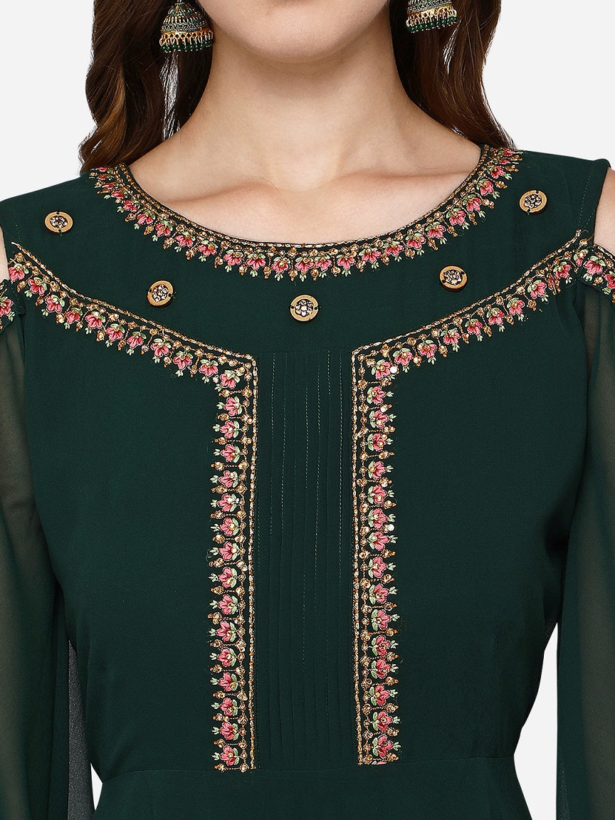 Designer Green Color Fancy Sleeve Pattern Georgette Gown