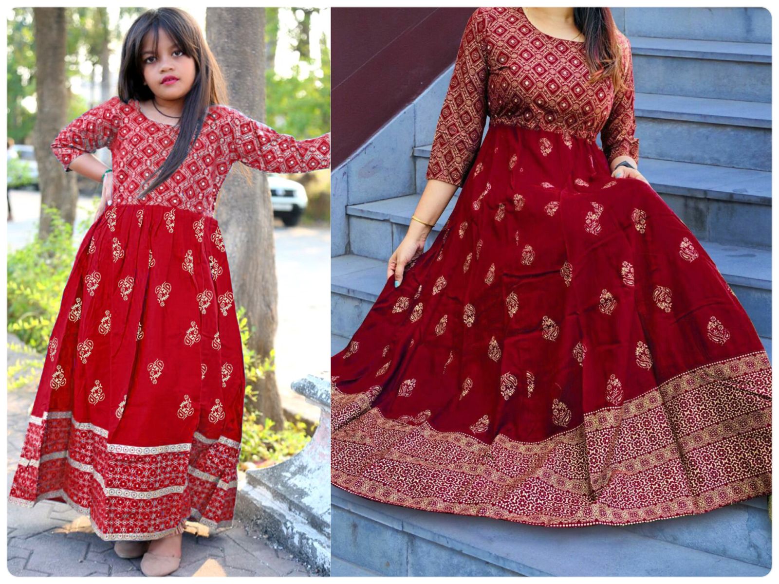 Red Color Readymade Mother Daughter Combo Kurti
