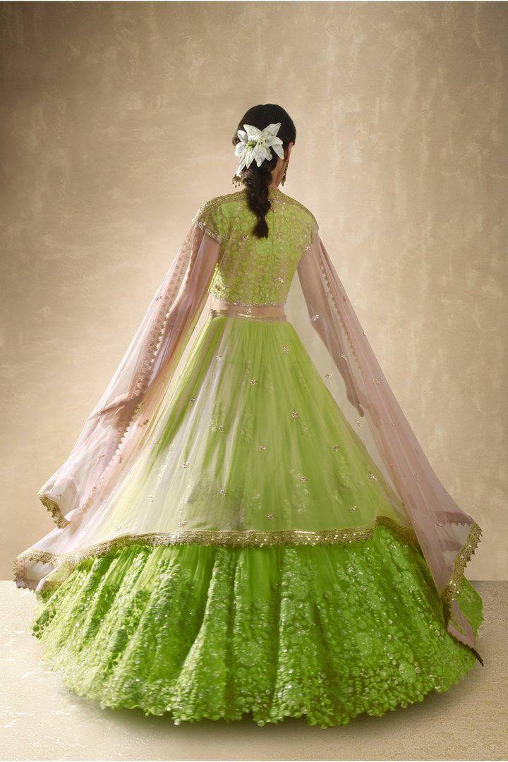 Awesome Sequence And Dori Work Net Parrot Color Lehenga Choli
