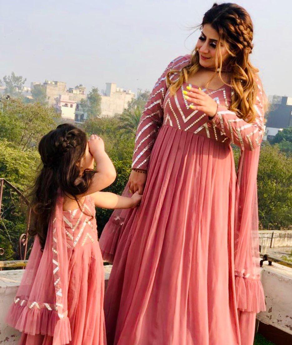 Party Wear Peach Color Mother Daughter Gown Combo