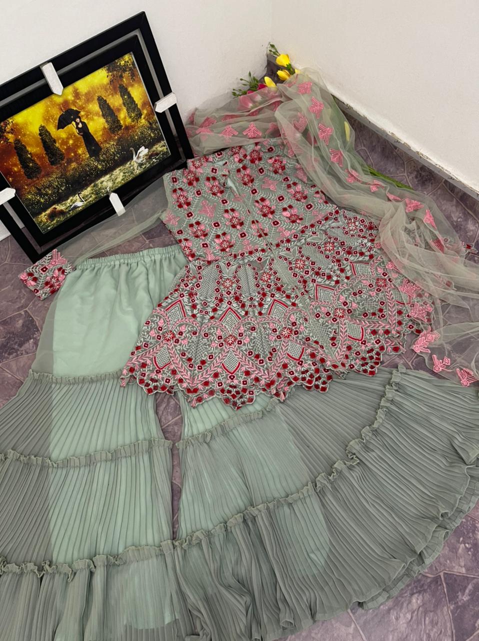 Amazing Designer Net And Embroidery Work Wedding Sharara Suit