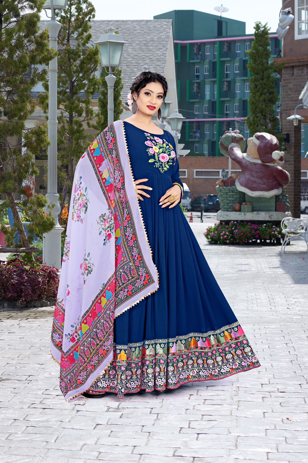 Party Wear Navy Color Gown With Fancy Digital Printed Dupatta
