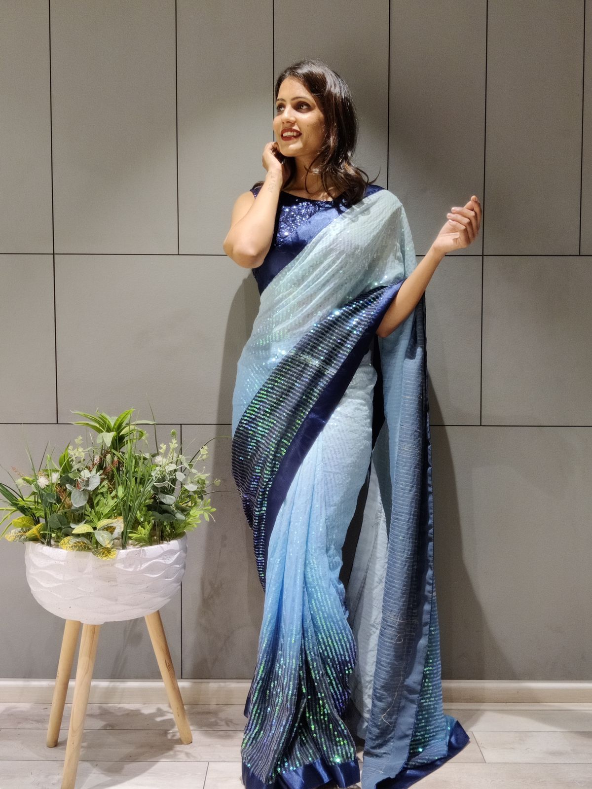 Ready To Wear Blue Color Sequence Work Saree
