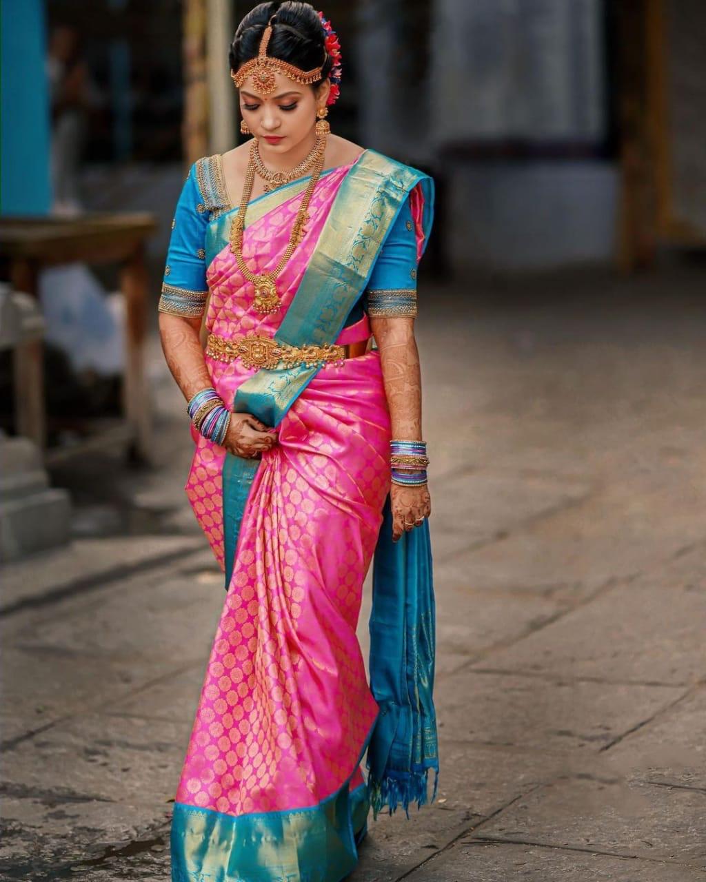 Pink With Sky Blue Banarasi Silk Designer Saree