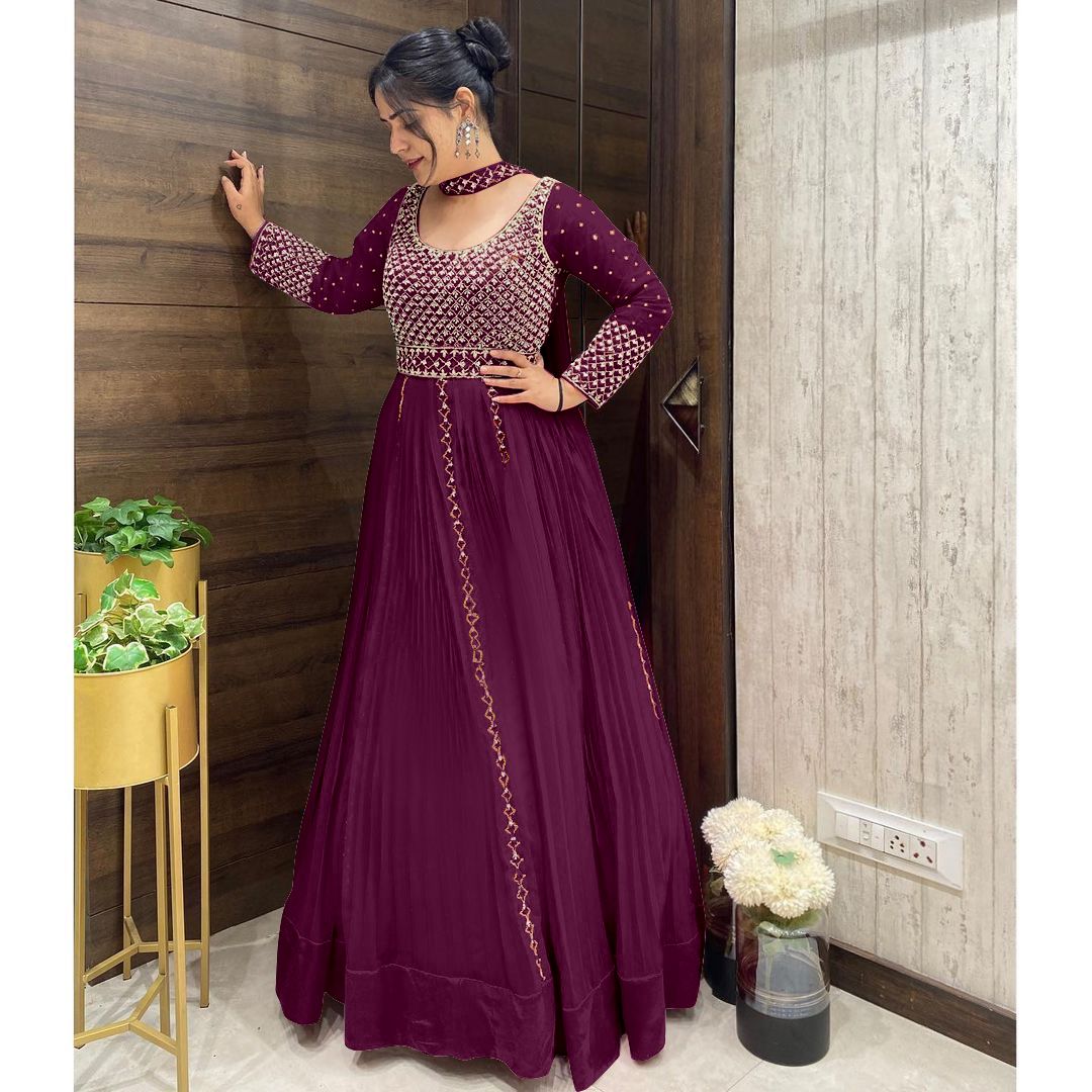 Fabulous Wine Color Sequin Gown With Belt And Dupatta