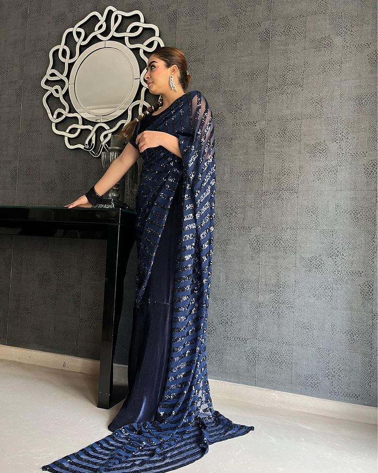 Amazing Navy Blue Color Sequin Work Crushed Saree