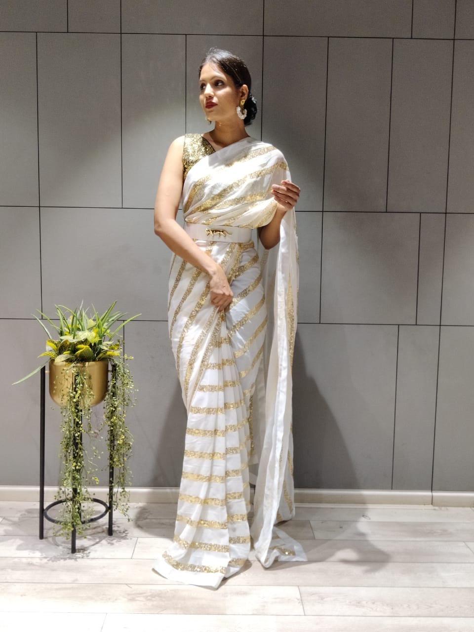 Ready To Wear White Color Sequince Work Saree