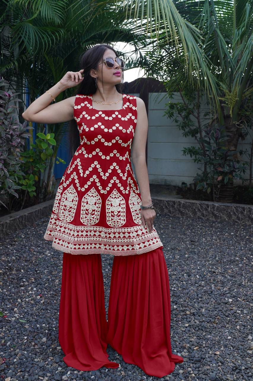 Trendy  Red Silk Embroidery Work Sharara Suit